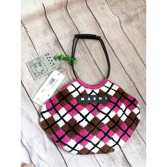 NWT Marni Market handbag‎ in cotton knit with diamond pattern in Pink Crochet - Picture 1 of 16